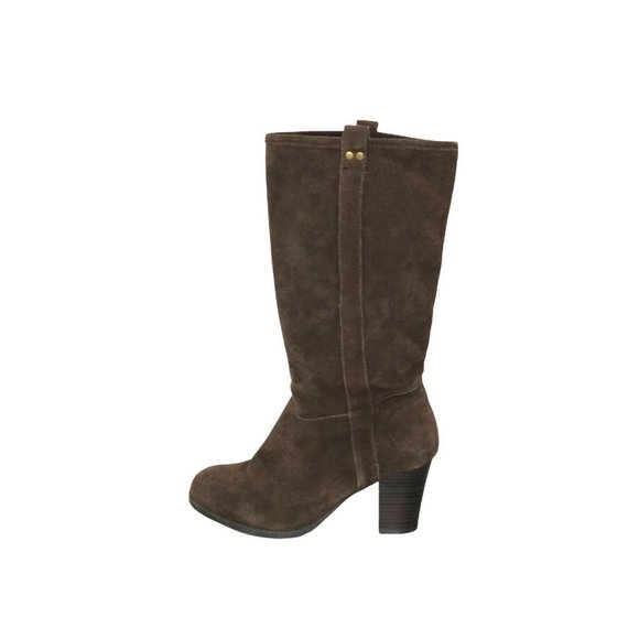 Boots Brown Suede Leather Block Heels Pull On Womens 9 Calf Height Western Almon - Picture 5 of 10